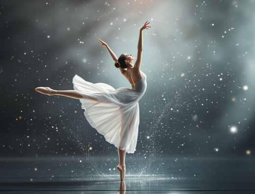 Danseuse de ballet en robe blanche exécutant une arabesque gracieuse sur scène, entourée d’un décor féérique et étoilé.