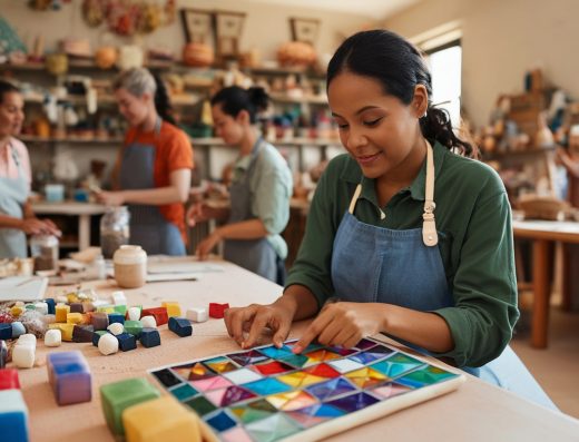 Atelier créatif entre amis autour de la mosaïque, activité manuelle conviviale et ludique.
