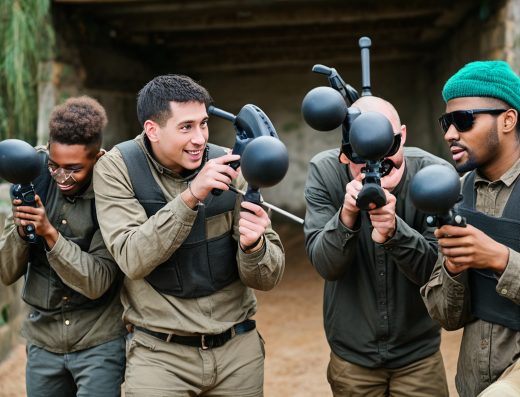 Groupe d’amis jouant au paintball en extérieur et se préparant à tirer