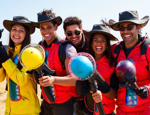 Groupe d’amis souriants jouant au paintball en extérieur avec des lanceurs colorés