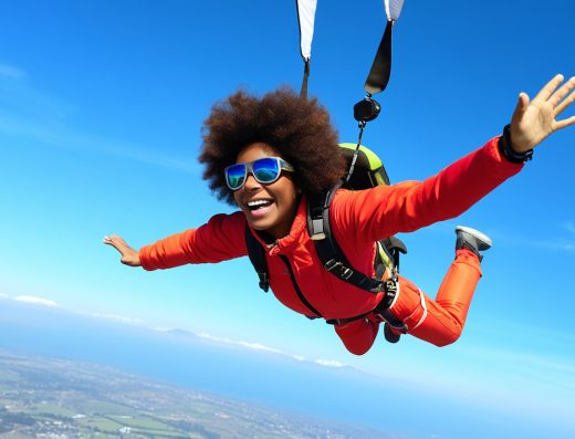 Personne en saut en parachute tandem au-dessus d’Aix-en-Provence, bras écartés et sourire aux lèvres.