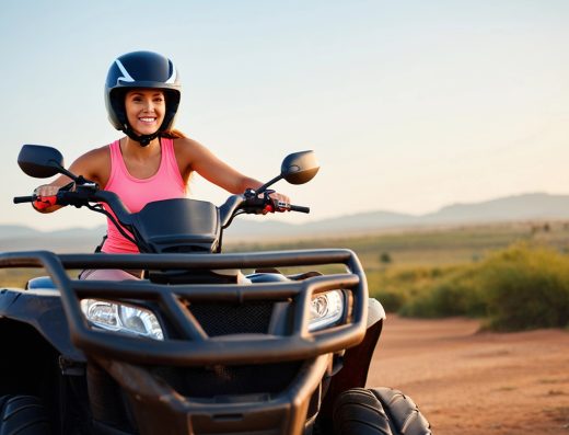 Femme souriante en randonnée quad en Provence, équipée d’un casque, profitant d’une balade tout-terrain en pleine nature