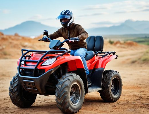 Pilote en randonnée en quad sur piste naturelle, équipé d’un casque et roulant en pleine nature